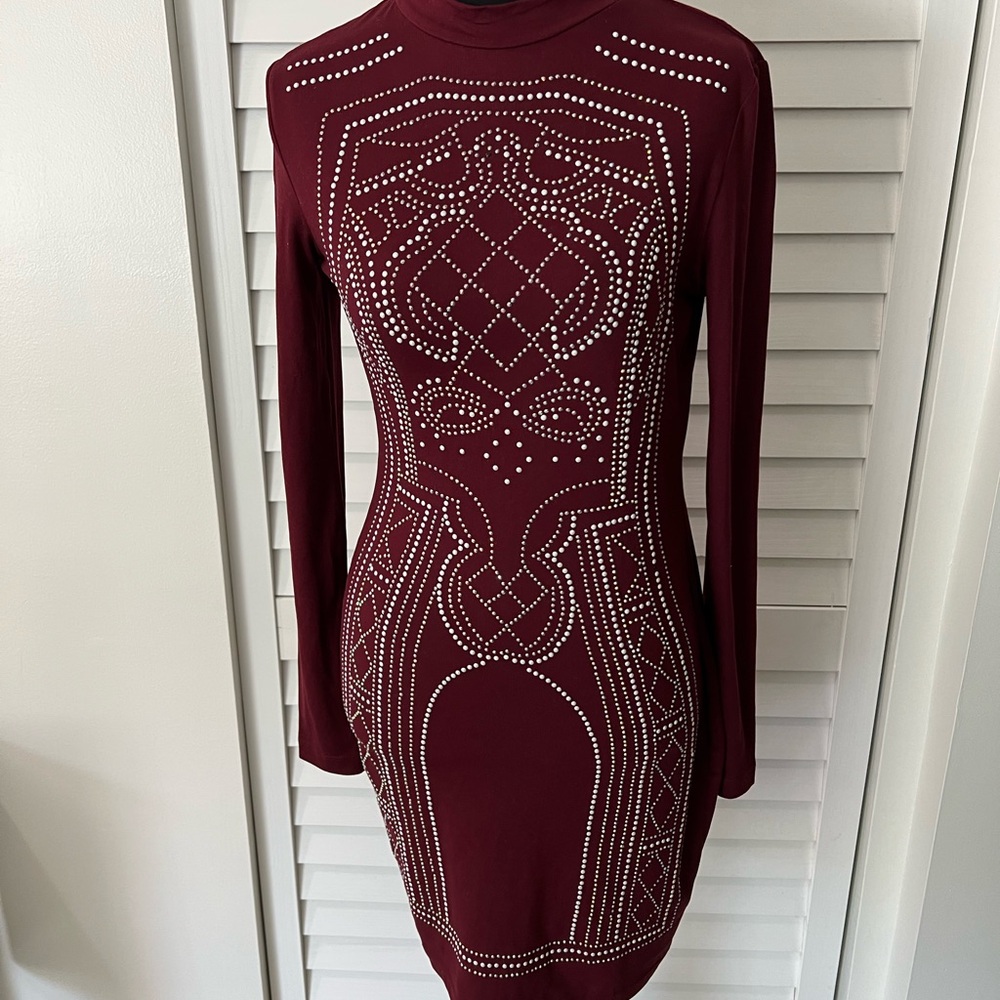 LU❤️NYC brand Chic Long Sleeve Burgundy Dress with Studded Design